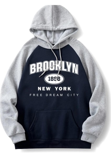 Unisex Siyah-Gri Brooklyn 1898 New York Baskılı Oversize Kapşonlu Sweatshirt