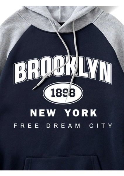 Unisex Siyah-Gri Brooklyn 1898 New York Baskılı Oversize Kapşonlu Sweatshirt