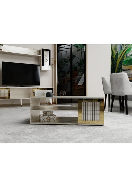 Baredh Lazer Desenli 90 cm Orta Sehpa Efesmermer Altın