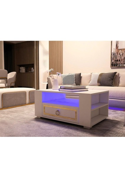 Calvindh LED Aydınlatmalı Orta Sehpa Beyaz-Altın