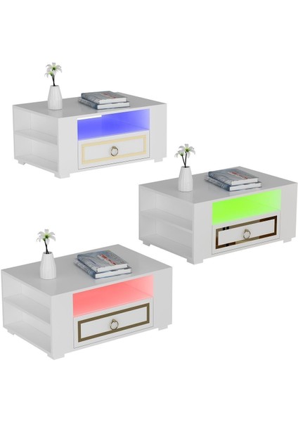 Calvindh LED Aydınlatmalı Orta Sehpa Beyaz-Altın
