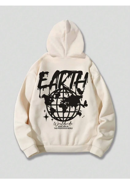 Unisex Earth Baskılı Kapüşonlu Sweatshirt