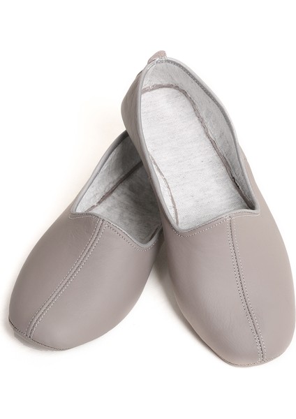 Deri Pamuk Astarlı Gri Ev Patiği | Hac Umre Tavaf Patiği | Ev Ofis Salon Ayakkabısı