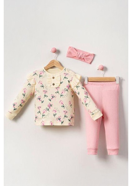 Çiçek Desenli Bandanalı Kız Bebek 2 li takım - Pembe