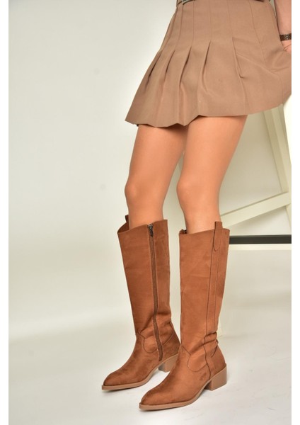 T480142802 Taba Süet Alçak Topuklu Kadın Çizme modelleri