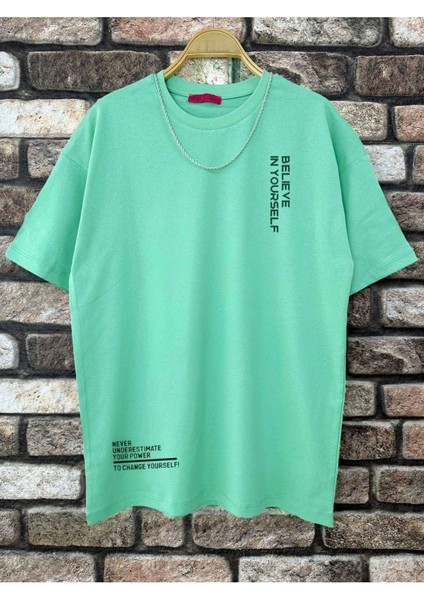 Erkek Believe Baskılı Oversize T-Shirt