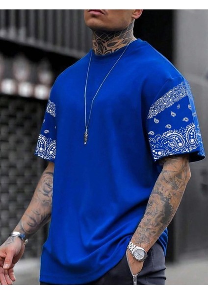 Erkek Duman Gri Kol Desenli Oversize T-Shirt