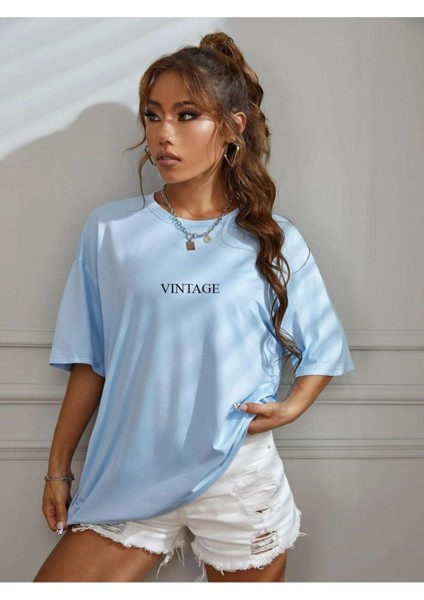 Kadın Mavi Vintage Baskılı Oversize T-Shirt