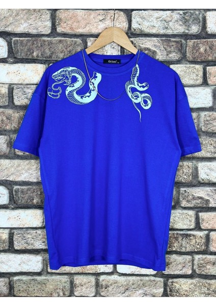 Erkek Yılan Baskılı Oversize Bisiklet Yaka T-Shirt
