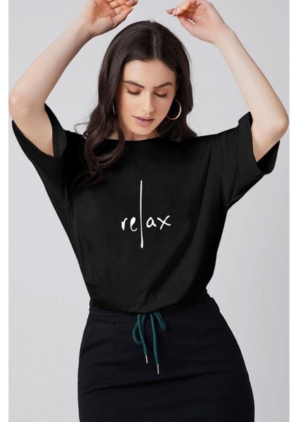 Kadın Siyah Relax Baskılı Oversize T-Shirt
