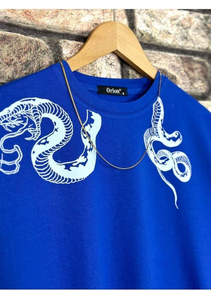 Erkek Yılan Baskılı Oversize Bisiklet Yaka T-Shirt