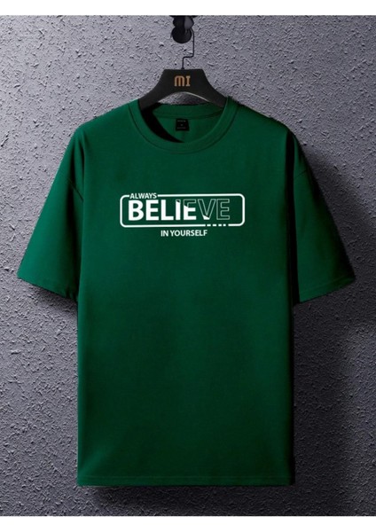 Erkek Yeşil Always Believe Baskılı Oversize T-Shirt