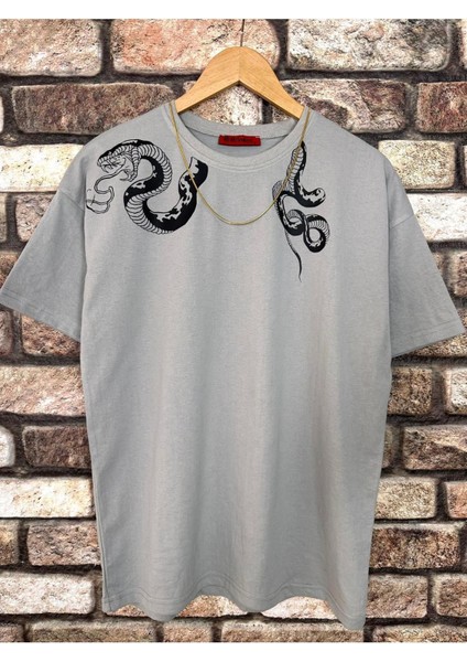 Erkek Yılan Baskılı Oversize Bisiklet Yaka T-Shirt