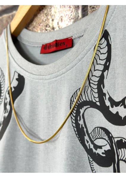 Erkek Yılan Baskılı Oversize Bisiklet Yaka T-Shirt modelleri