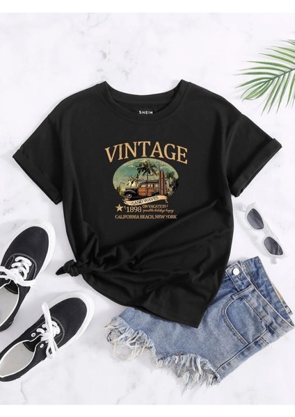 Kadın Siyah Vintage Sand Waves Baskılı Oversize T-Shirt
