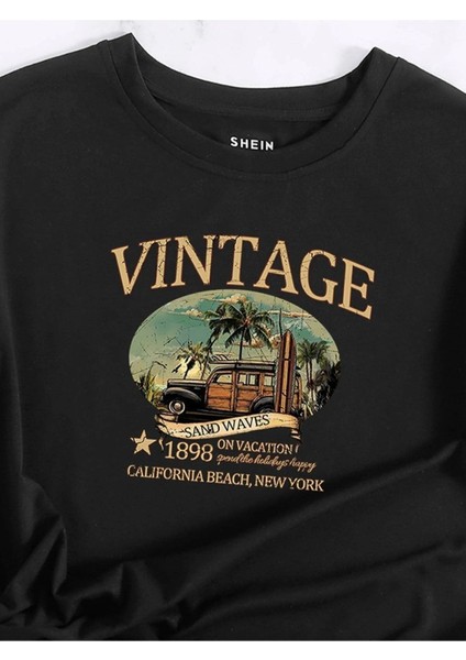 Kadın Siyah Vintage Sand Waves Baskılı Oversize T-Shirt fiyatları