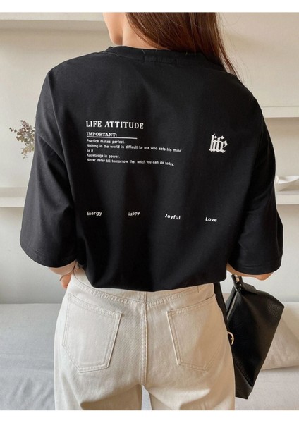 Kadın Siyah Life Sırt Baskılı Oversize Bisiklet Yaka T-Shirt