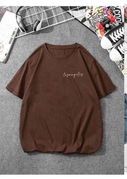 Kadın Los Angeles Baskılı Oversize Bisiklet Yaka T-Shirt