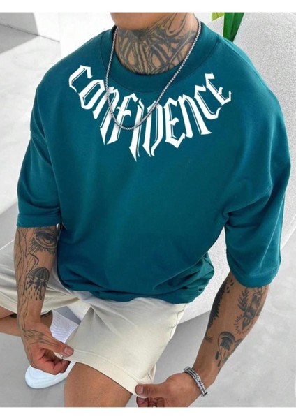 Erkek Petrol Mavi Yaka Baskılı Oversize T-Shirt