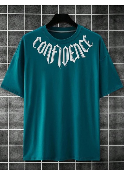 Erkek Petrol Mavi Yaka Baskılı Oversize T-Shirt