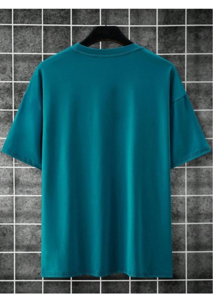 Erkek Petrol Mavi Yaka Baskılı Oversize T-Shirt