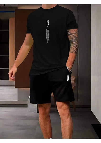 Erkek Dikey Baskılı T-Shirt Şort