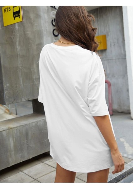 Kadın Beyaz New York Baskılı Oversize T-Shirt