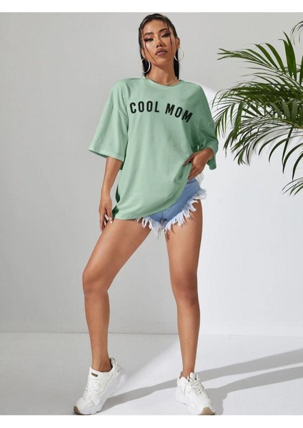 Kadın Cool Mom Baskılı Oversize Bisiklet Yaka T-Shirt