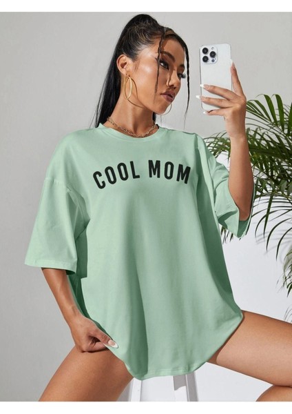 Kadın Cool Mom Baskılı Oversize Bisiklet Yaka T-Shirt