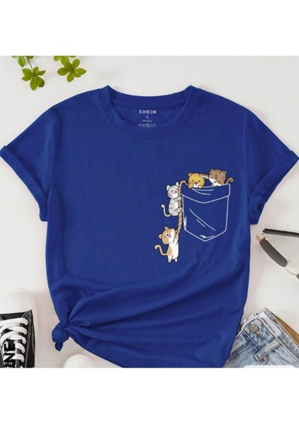 Kadın Kedi Cep Baskılı Regular T-Shirt