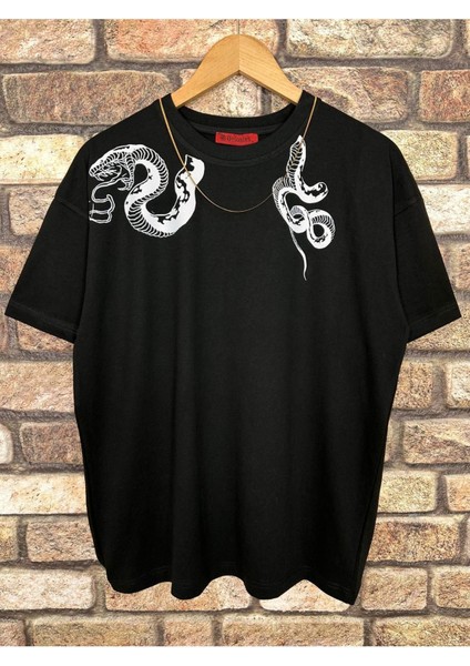 Erkek Yılan Baskılı Oversize Bisiklet Yaka T-Shirt