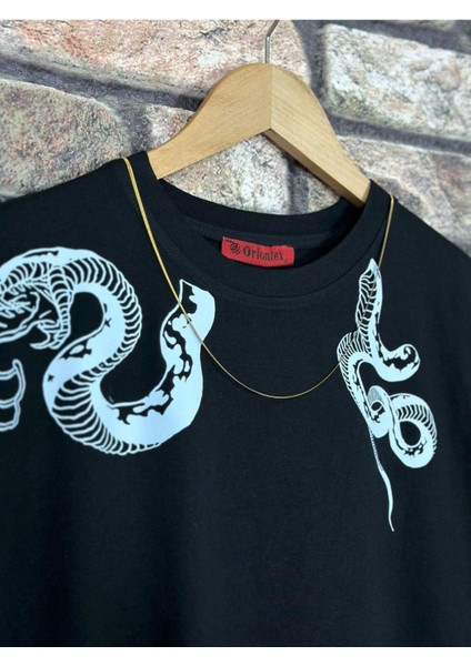 Erkek Yılan Baskılı Oversize Bisiklet Yaka T-Shirt