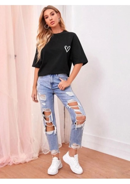 Kadın Kalp Baskılı Oversize T-Shirt