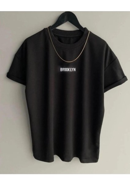 Unisex Siyah Brooklyn Baskılı T-Shirt