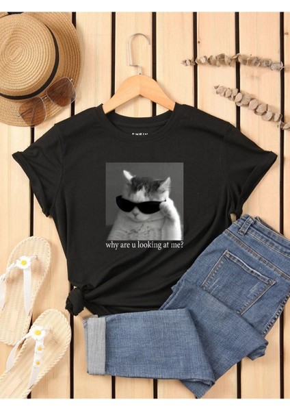 Unisex Siyah Kedi Gözlük Baskılı Oversize T-Shirt