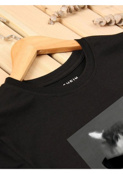 Unisex Siyah Kedi Gözlük Baskılı Oversize T-Shirt fiyatları