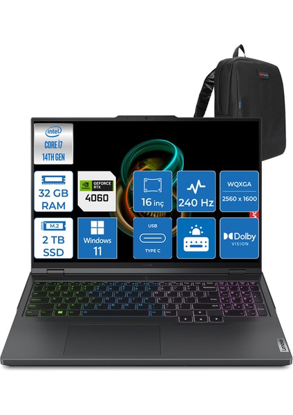 Legion Pro Intel Core I7-14650HX 32GB 2tb 8GB/RTX4060/140W 16" Wqxga 240Hz WIN11PRO Taşınabilir Bilgisayar LP83DF00AHTR01 + Zettaçanta