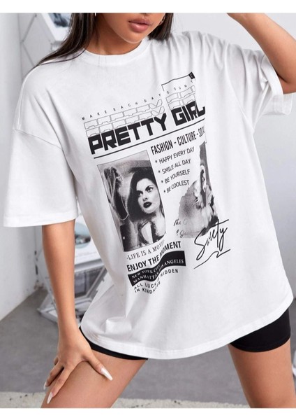 Unisex Beyaz Preetty Girtl Baskılı Oversize T-Shirt