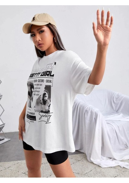 Unisex Beyaz Preetty Girtl Baskılı Oversize T-Shirt modelleri