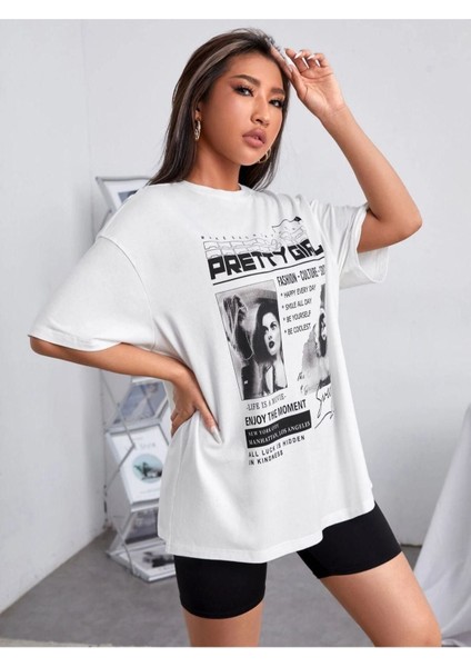 Unisex Beyaz Preetty Girtl Baskılı Oversize T-Shirt fırsatları