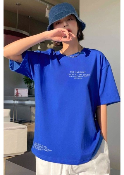 Unisex Saks Mavi Happiest Baskılı Oversize T-Shirt
