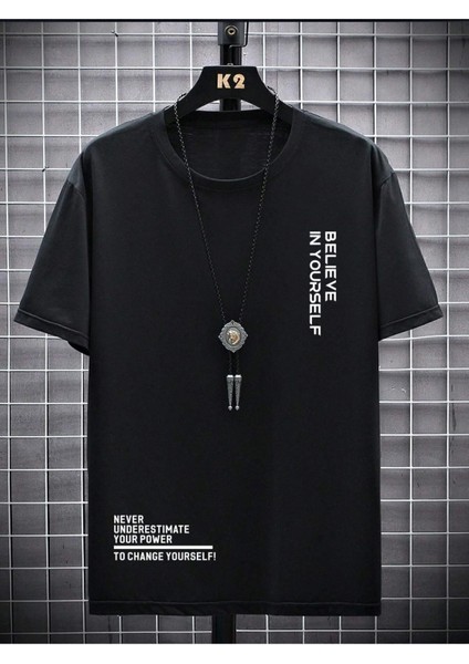 Erkek Believe Baskılı Oversize T-Shirt