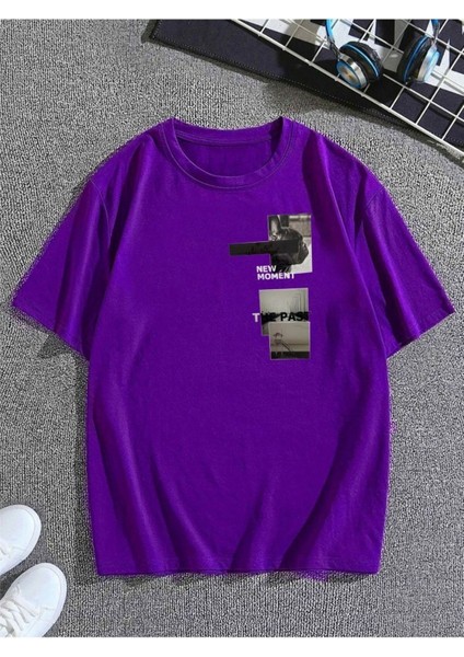Unisex Mor New Moment Baskılı Oversize T-Shirt