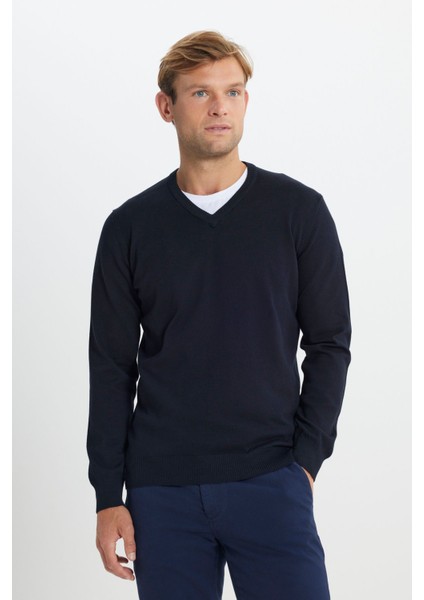 Erkek Lacivert Pamuklu Standart Fit Normal Kesim V Yaka Basic Triko Kazak
