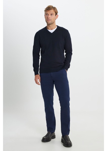 Erkek Lacivert Pamuklu Standart Fit Normal Kesim V Yaka Basic Triko Kazak fiyatları