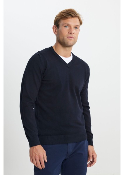 Erkek Lacivert Pamuklu Standart Fit Normal Kesim V Yaka Basic Triko Kazak modelleri