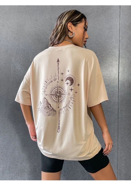 Unisex Bej Pusula Sırt Baskılı Oversize T-Shirt
