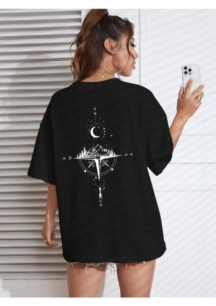 Kadın Pusula Sırt Baskılı Oversize T-Shirt