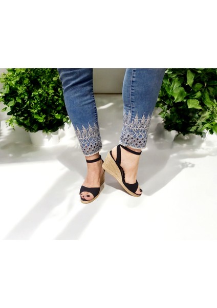 Günlük Şık ve Rahat Taban Hasır Keten Sandalet 8 Cm.topuk