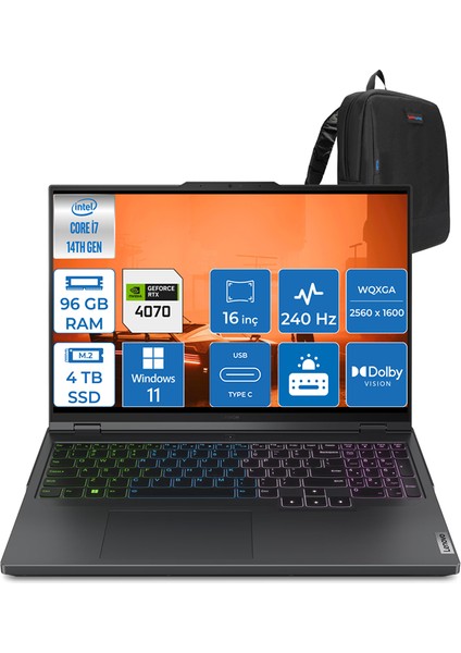 Legion Pro Intel Core I7-14700HX 96GB 4tb 8GB/RTX4070/140W 16" Wqxga 240Hz WIN11PRO Taşınabilir Bilgisayar LP83DF00AMTR14 + Zettaçanta